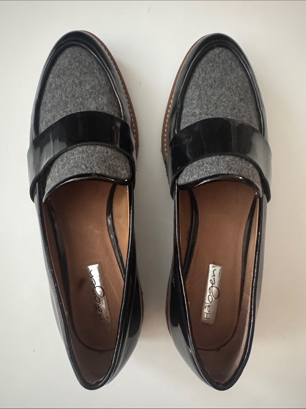 Halogen black patent and felt loafers